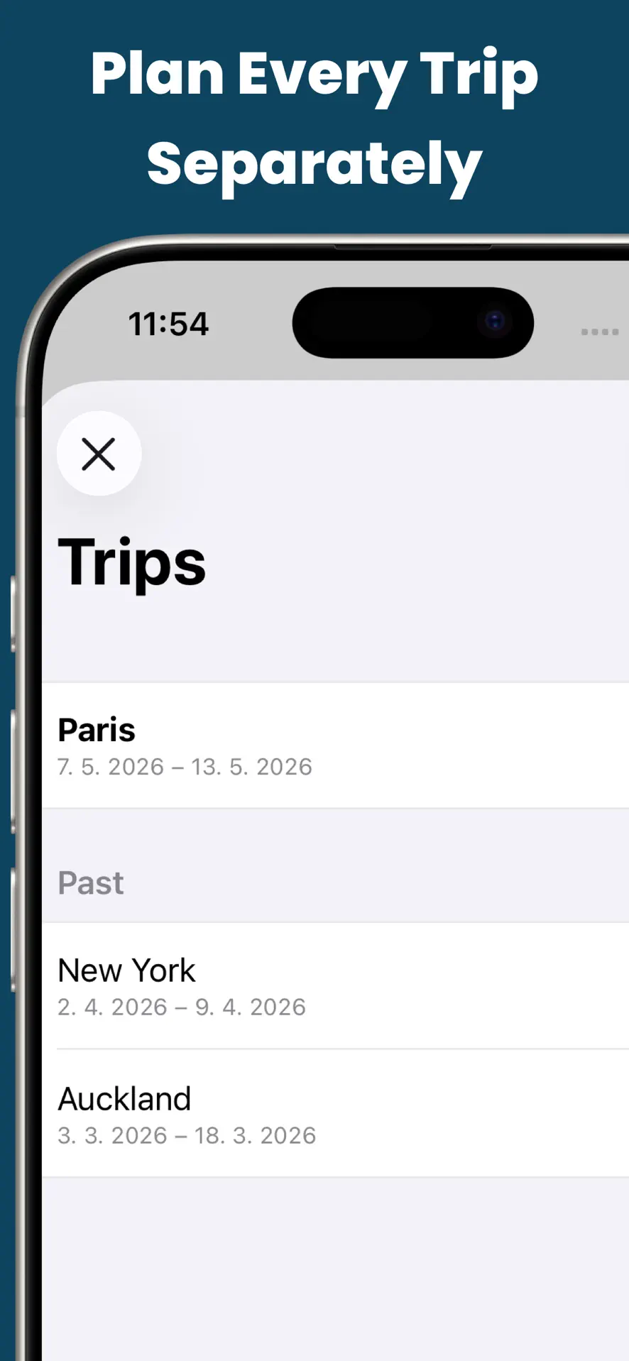 Costari trips list showing an active Paris trip with dates and past trips to New York and Auckland